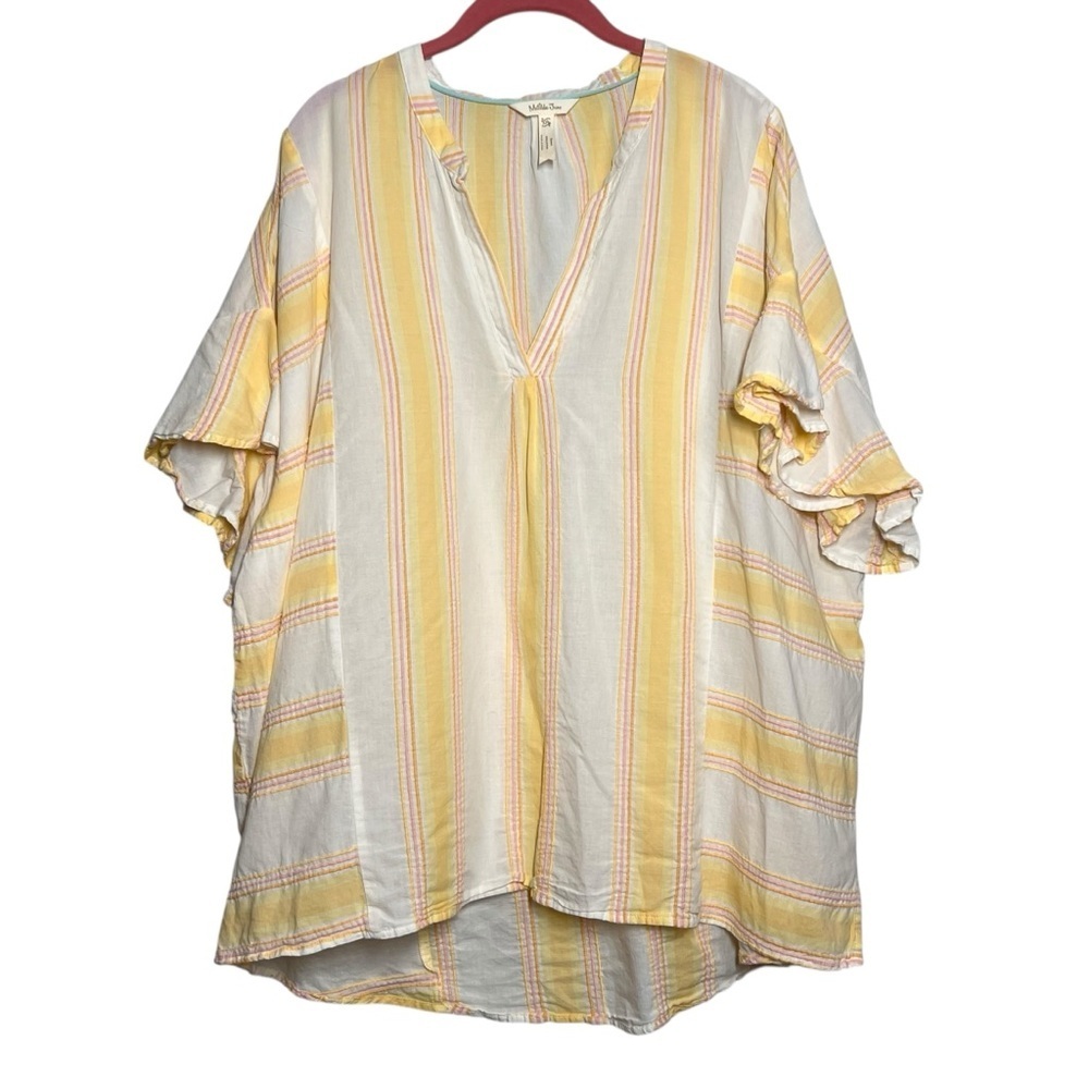 Matilda Jane Top Womens Size XXL Yellow Pink Stripe Short Flutter Sleeve Shirt